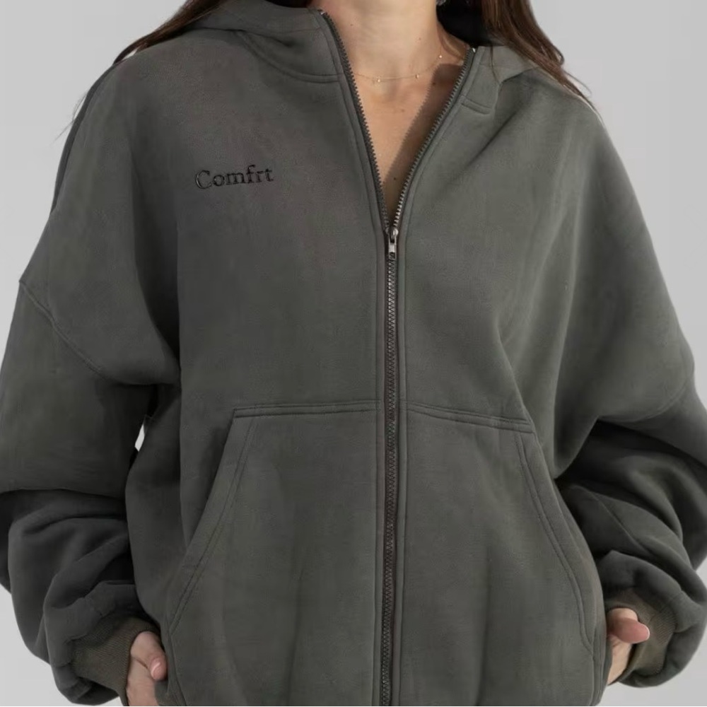 Comfrt Millstone Green Zip-Up Hoodie